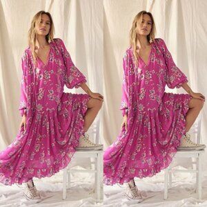 Free People Feeling Groovy Maxi Pink Floral Gold Foil Dress